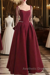 Wine Red Satin Straps Long Party Dresses, Wine Red Floor Length Formal Dresses Evening Prom Dresses